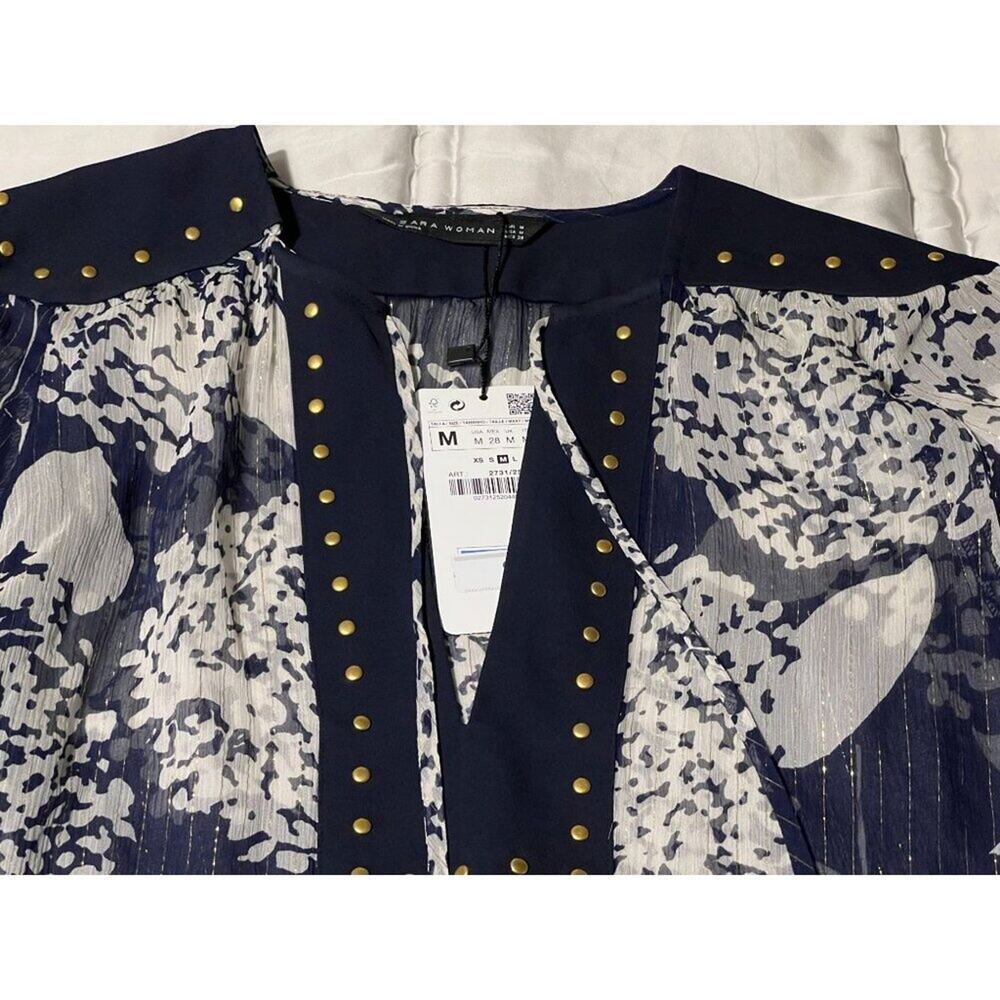Zara Mulberry Silk Navy/Ecru Long Sleeve Blouse with Studs Women's Size Medium N - Picture 15 of 16